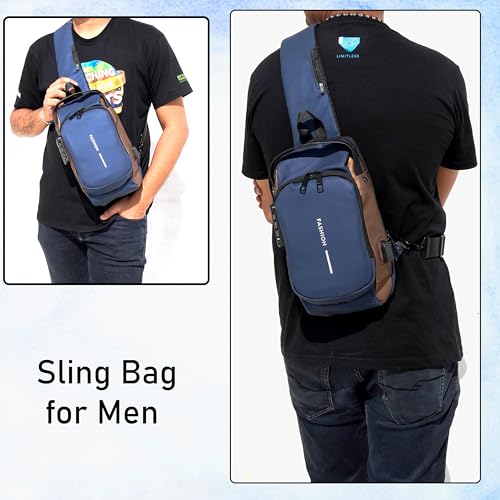 DAHSHA Sling Bag for Men Stylish Crossbody Backpack for Men & Women, Anti-Theft Chest Bag with USB Charging Port, Messenger Bags, Casual Shoulder Bag (Blue Brown - 17 x 9 x 32 Cm) - Image 2
