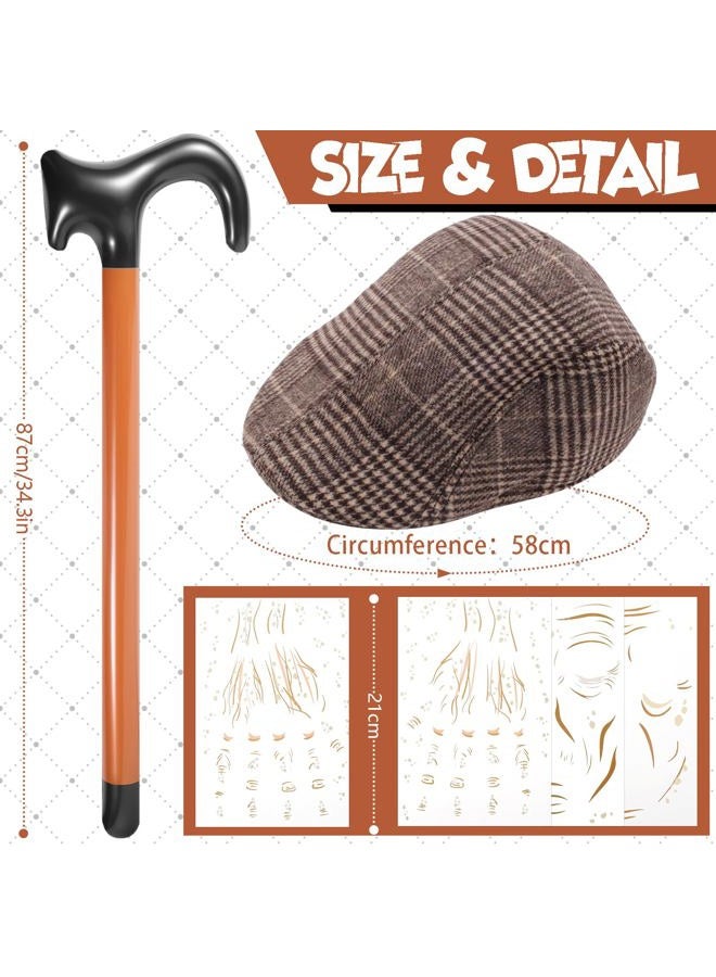 Fabllewavi 8PCS Old Man Grandpa Costume - Hat Suspenders Bow Tie Fake Eyebrows Whiskers Glasses Cane Badge Tattoo for Cosplay, Bk Plaids, Standard - Image 3
