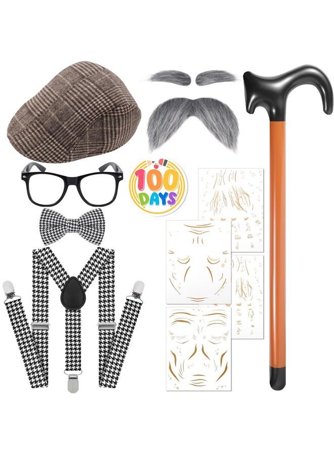Fabllewavi 8PCS Old Man Grandpa Costume - Hat Suspenders Bow Tie Fake Eyebrows Whiskers Glasses Cane Badge Tattoo for Cosplay, Bk Plaids, Standard - Image 1