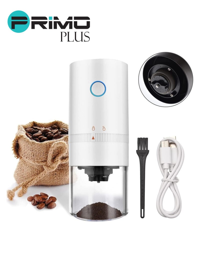 بريمو بلس مطحنة قهوة كهربائية محمولة قابلة للشحن أبيض USB C ـ مطحنة حبوب القهوة مناسبة للاسبرسو والقهوة المقطرة ـ مطحنة قهوة كهربائية محمولة مطحنة مخروطية أوتوماتيكية تعمل بشحن USB ـ أبيض - Image 1