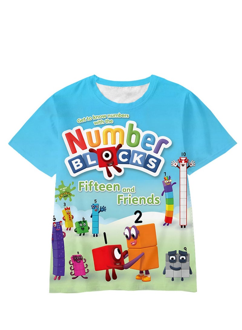 Creative cartoon number blocks for adults and children 3D digital printing personalized breathable children's T-shirt - Image 1