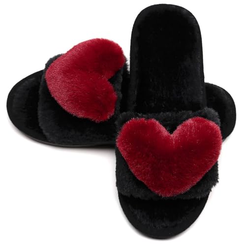 CRAZY LADY Women's Fuzzy LOVE House Slippers Soft Plush Furry Fur Open Toe Cozy Winter Warm Comfy Slip On S&als Indoor Outdoor Slippers for Women & Girls with Memory Foam (01/Wine Red, 6 7) - Image 1