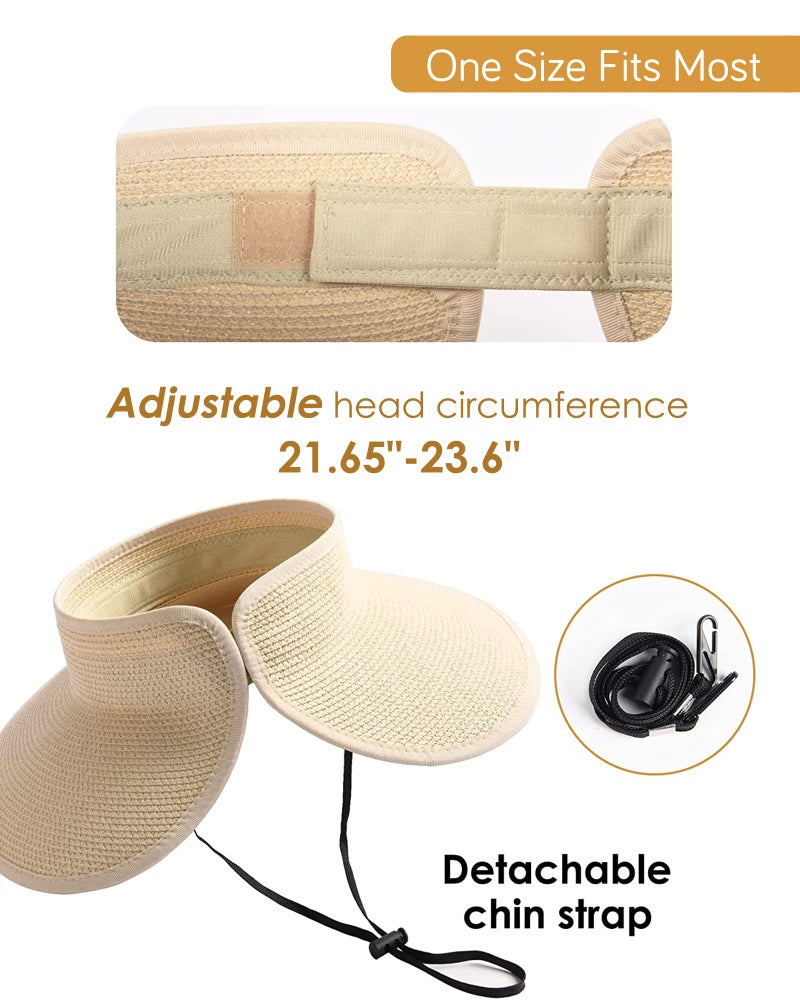 FURTALK Sun Visor Hats for Women Wide Brim Straw Ponytail Summer Beach Hat UV UPF Packable Foldable Travel - Image 3
