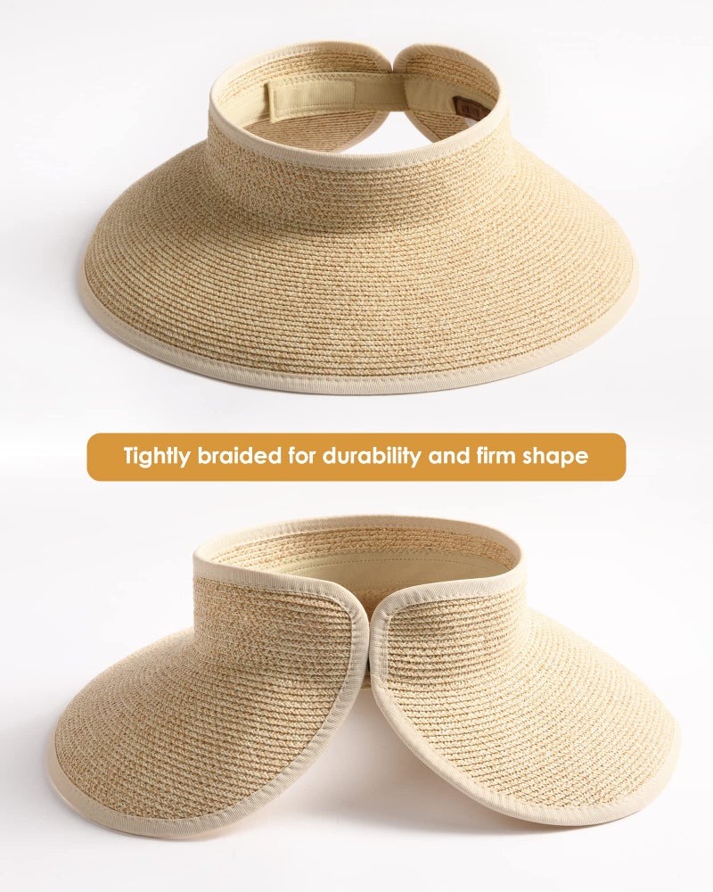 FURTALK Sun Visor Hats for Women Wide Brim Straw Ponytail Summer Beach Hat UV UPF Packable Foldable Travel - Image 2