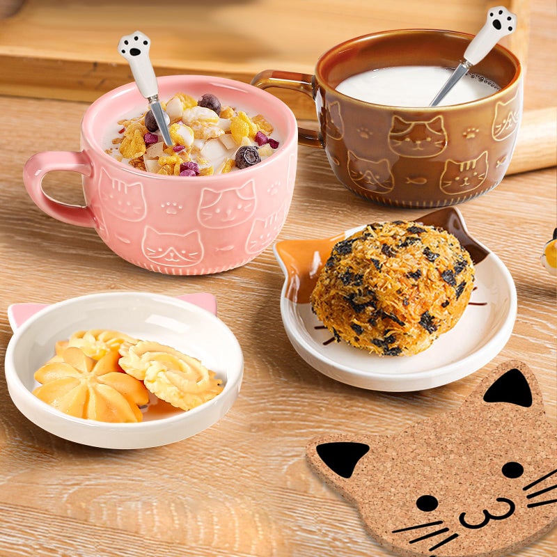 BigNoseDeer Cute Cat Mug Kawaii Tea Cup Pink Ceramic Coffee Mug with lid,Tea Cups and Saucers Cute Cool Preppy Stuff Cute Gifts Cat Gifts for women Cat Lovers Christmas Gifts 10oz - Image 5