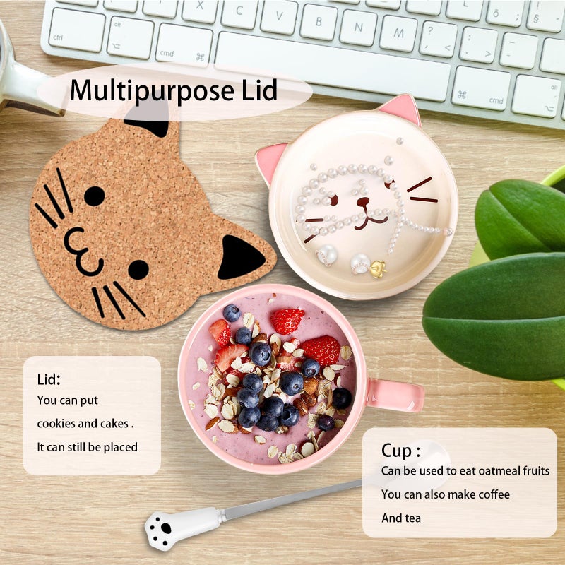 BigNoseDeer Cute Cat Mug Kawaii Tea Cup Pink Ceramic Coffee Mug with lid,Tea Cups and Saucers Cute Cool Preppy Stuff Cute Gifts Cat Gifts for women Cat Lovers Christmas Gifts 10oz - Image 2