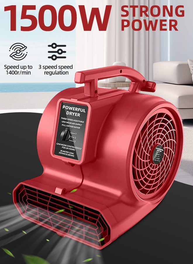 ALongDeng Centrifugal Air Mover 3-Speed Adjustable 1400r/min Carpet Dryer Floor Fan with wheels Blower Stackable Daisy Chain for Water Damage Restoration Janitorial Plumbing Home Use - Image 2