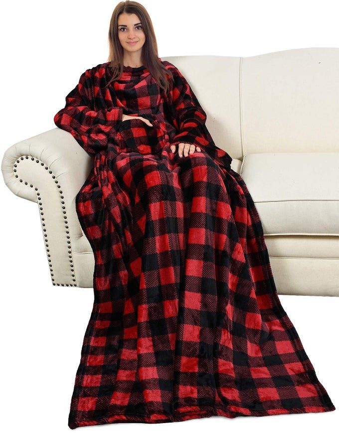 WEARABLE BLANKET WITH SLEEVES AND POCKET COZY SOFT FLEECE MINK MICRO PLUSH WRAP THROWS BLANKET ROBE FOR WOMEN AND MEN