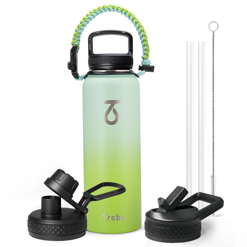 Trebo 40oz Water Bottle Insulated with Lid and Straw Double Wall Vacuum Stainless Steel Metal Tumbler Sports Flask with Paracord Handle  Keep Hot 24 Hours & Cold 48 Hours Water Jug with 3 Lids - Image 1