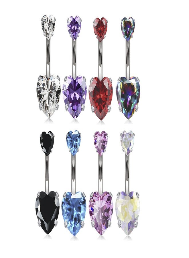 HQLA 14G Surgical Steel Belly Button Rings Sparkly Heart Cubic Zirconia Navel Barbell Studs Sexy Body Piercing Set for Women (8Pcs) - Image 1