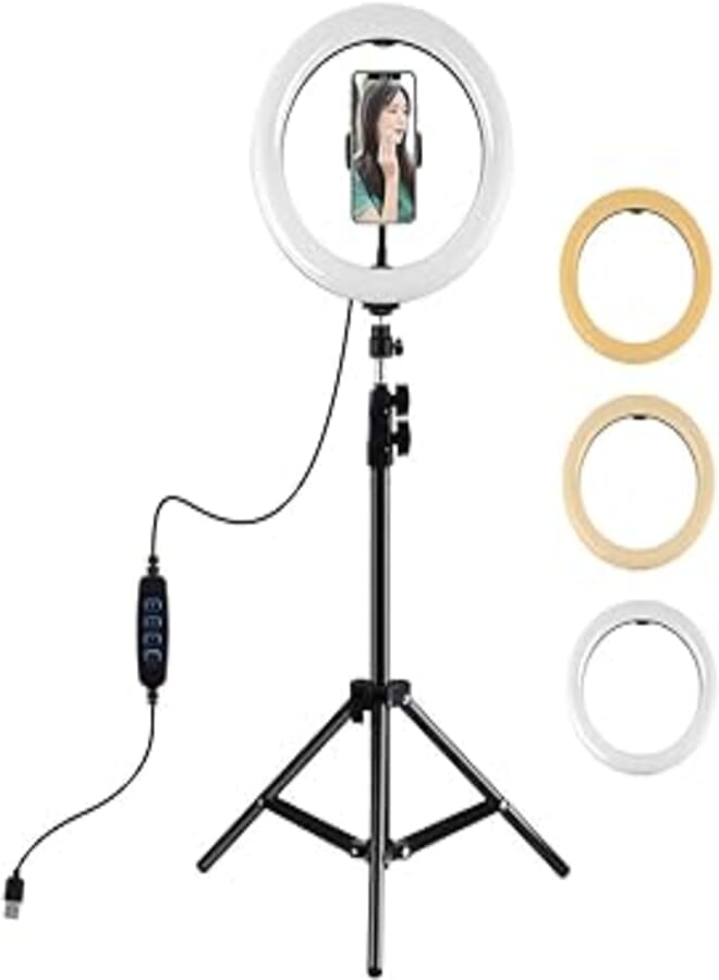 10.2'' Selfie Ring Light with Tripod Stand & Phone Holder, PULUZ Dimmable LED Beauty Ringlight for Live Stream/Photography/Makeup/YouTube Video/TIK Tok, Compatible with iPhone & Android, USB