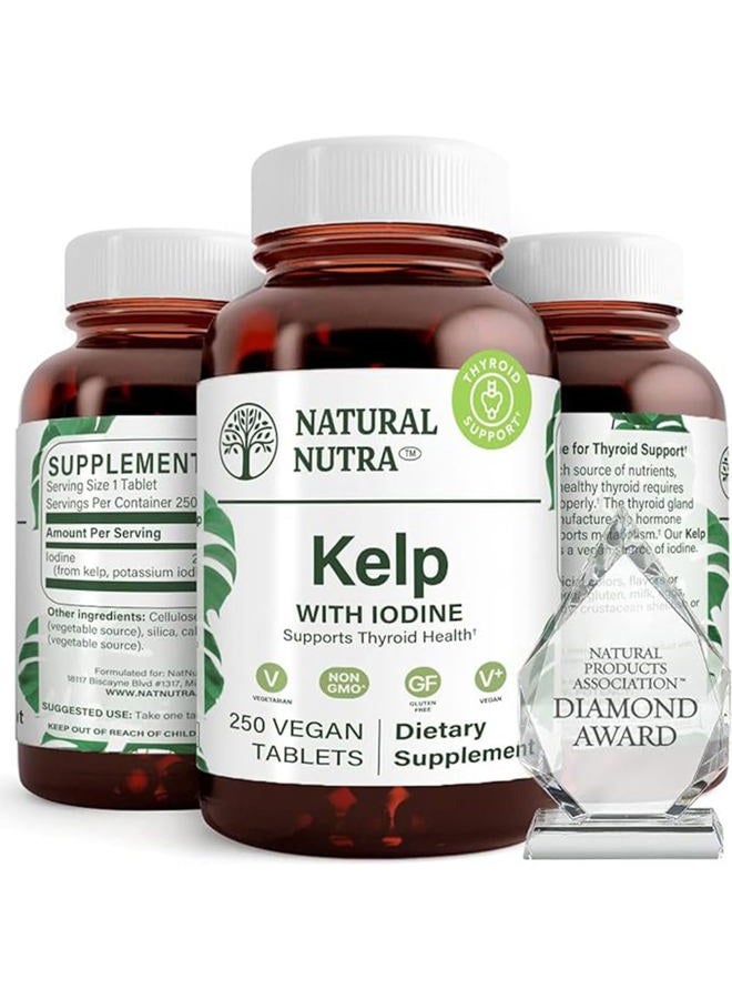 Natural Nutra مكمل دعم الغدة الدرقية من الطحالب البحرية، يقوي جهاز المناعة وينظم الأيض، طحالب بحرية نباتية، غير معدلة وراثيًا، مستخلص طحالب من المحيط الأطلسي، 225 ميكروغرام، 250 قرص (عبوة من 2) - Image 1