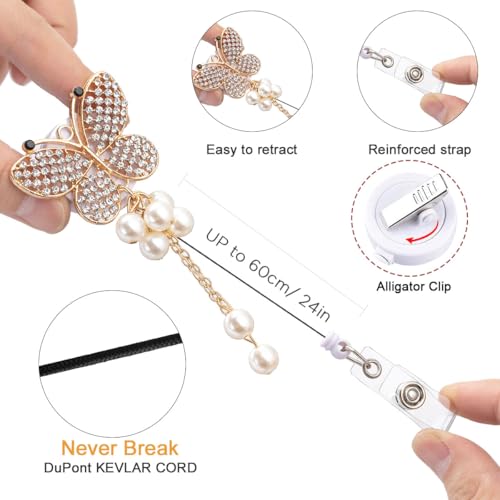 HASFINE 5 Pack Crystal Badge Holders Retractable Badge Reel,Bling Rhinestone Butterfly and Bee ID Name Badge Reels,Pretty Nursing Badge Holder with Alligator Clip for Nurse Teacher Student Worker - Image 3