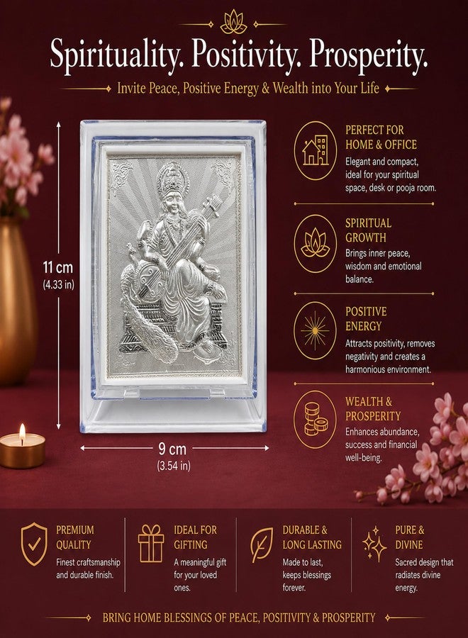 ARTSMINE 999 Pure Silver-Saraswati Devi Acrylic Frame | Size 11 * 9 CM | Pooja Room Table Top | Elegant Design | 1 Unit | Purity Certificate | Gift Bag - Image 3