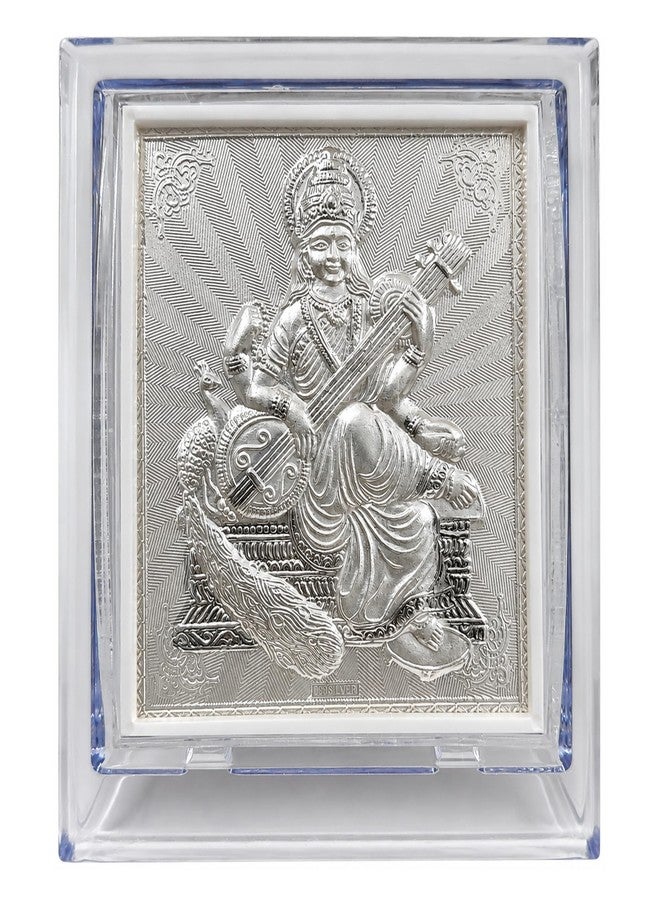 ARTSMINE 999 Pure Silver-Saraswati Devi Acrylic Frame | Size 11 * 9 CM | Pooja Room Table Top | Elegant Design | 1 Unit | Purity Certificate | Gift Bag - Image 1