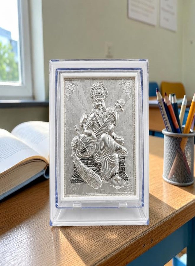 ARTSMINE 999 Pure Silver-Saraswati Devi Acrylic Frame | Size 11 * 9 CM | Pooja Room Table Top | Elegant Design | 1 Unit | Purity Certificate | Gift Bag - Image 2