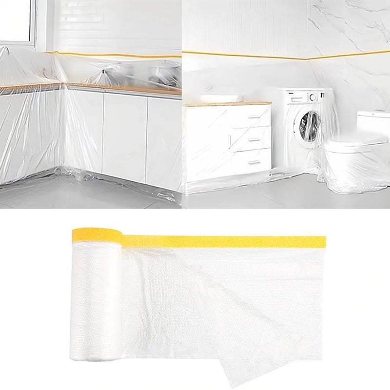 Premium 2.7M x 20M Tape and Drape Masking Film - Heavy-Duty Waterproof Plastic Drop Cloth - Durable Static Cling Protective Sheeting with Masking Tape for Painting, Cars, Furniture & Floors (Vibrant Yellow Edge Storage Profile) - Manual Construction Sanitation Convenience & Surface Asset Management Template