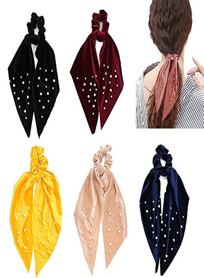 DINPREY 5 Pcs Velvet Scarf Hair Scrunchies Silk Ribbon Bow Scrunchies Super Soft Velvet Hair Ties Bowknot Scrunchies Bowknot Elegant Elastic Hair Bands Ponytail Holder (5 Packs B) - Image 1