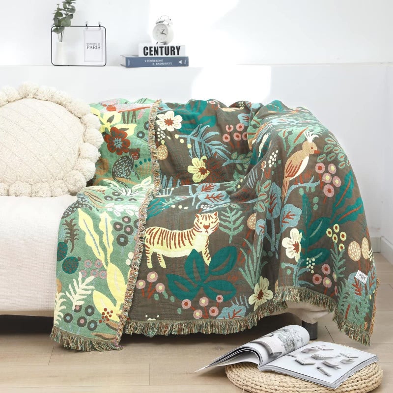 LUTBM Boho Throw Blanket for Bed 100% Cotton Soft Lightweight Quilt Blanket Twin Forest Tiger Embroidery Home Decor Breathable Spring Bed Blankets,60"x80" All Season Throw for Sofa Couch Chair - Image 2