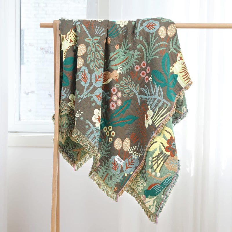 LUTBM Boho Throw Blanket for Bed 100% Cotton Soft Lightweight Quilt Blanket Twin Forest Tiger Embroidery Home Decor Breathable Spring Bed Blankets,60"x80" All Season Throw for Sofa Couch Chair - Image 5