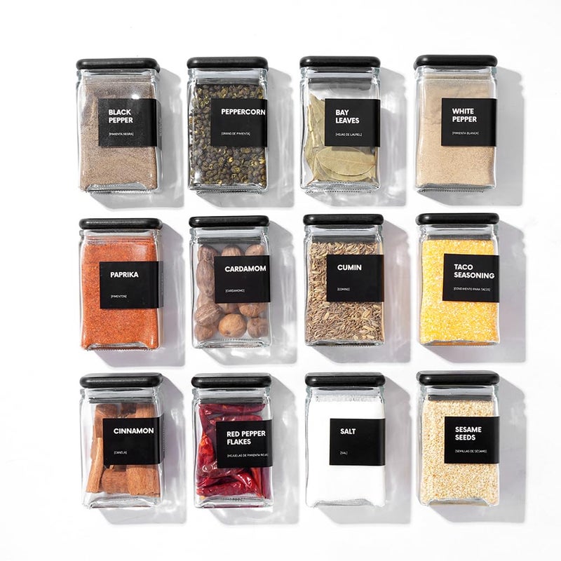 APT 1101 4 oz Glass Square Spice Jars with Labels, Glass Jars with Bamboo Lids, Spice Bottles, Seasoning Organizer, 12 Pack (Black) - Image 1