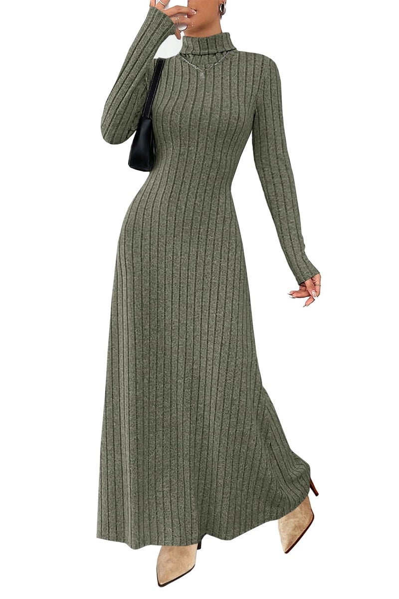 MITILLY Women Long Sleeve Maxi Dress 2025 Fall Winter Casual Turtle Neck Ribbed Knit Sweater Bodycon Going Out Dresses X-Large Army Green - Image 1