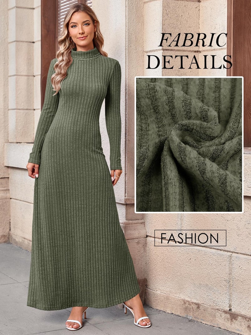 MITILLY Women Long Sleeve Maxi Dress 2025 Fall Winter Casual Turtle Neck Ribbed Knit Sweater Bodycon Going Out Dresses X-Large Army Green - Image 5