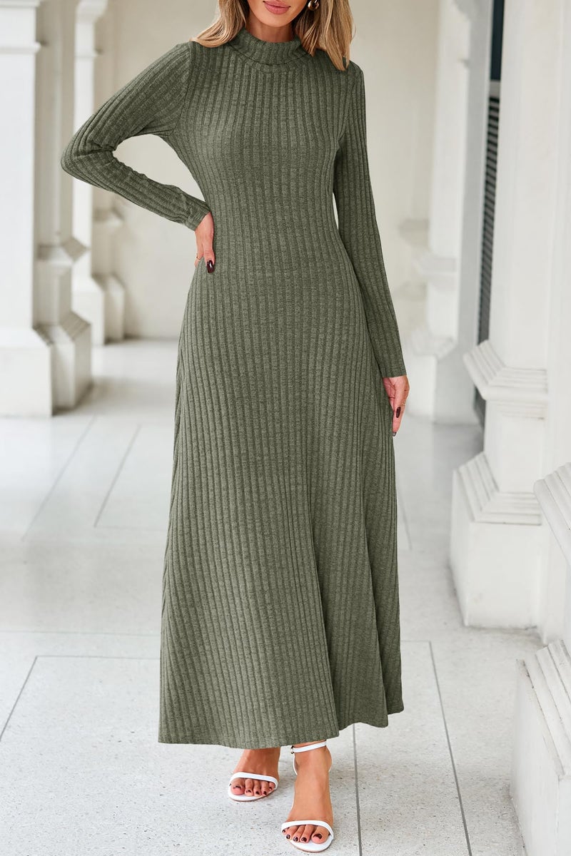 MITILLY Women Long Sleeve Maxi Dress 2025 Fall Winter Casual Turtle Neck Ribbed Knit Sweater Bodycon Going Out Dresses X-Large Army Green - Image 2