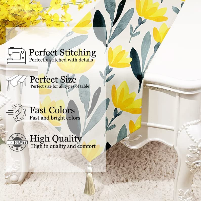 STITCHNEST مفرش طاولة مزخرف بالأصفر والأزرق من قماش بولي قطن (13 × 72 بوصة مع زخرفة خيطية) - Image 2