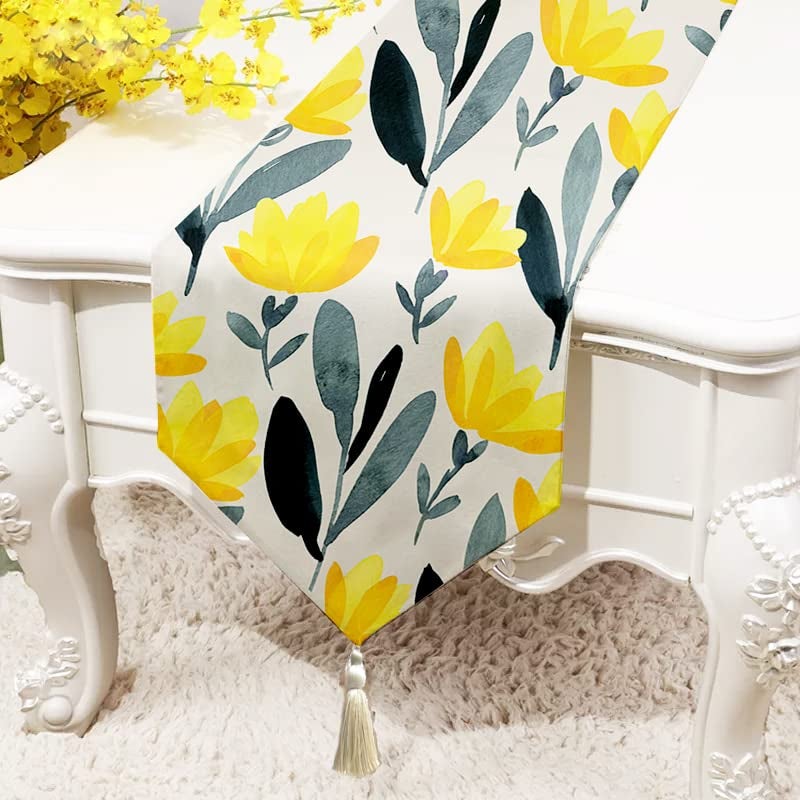 STITCHNEST مفرش طاولة مزخرف بالأصفر والأزرق من قماش بولي قطن (13 × 72 بوصة مع زخرفة خيطية) - Image 1