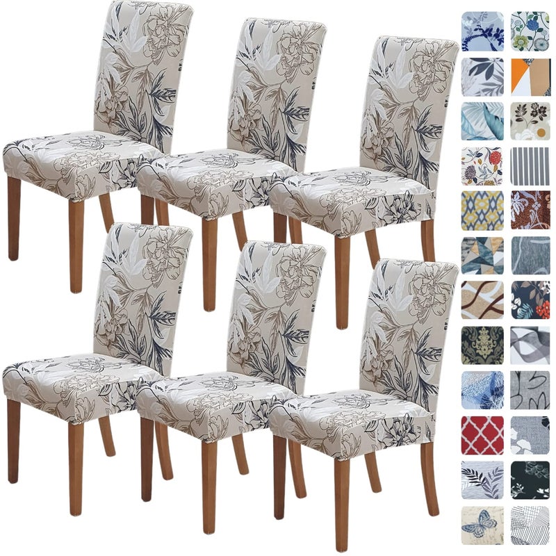SPRINGRICO Chair Covers for Dining Room 6 Pack Stretch Dining Chair Cover Washable Spandex Kitchen Parsons Chair Slipcovers Removable Seat Protector for Home or Party Set of 6 Floral Beige