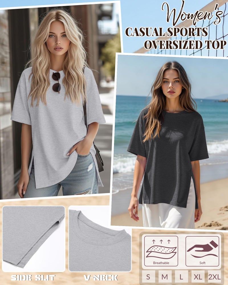 Huukeay 3 Pack Women's Oversized Gym T Shirts Short Sleeve Side Split Crewneck Tops Casual Summer Workout Baggy Basic Tee(Black, Charcoal Gray, Gray,Medium) - Image 4