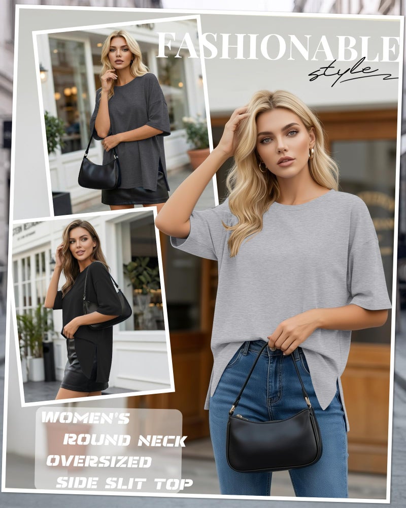 Huukeay 3 Pack Women's Oversized Gym T Shirts Short Sleeve Side Split Crewneck Tops Casual Summer Workout Baggy Basic Tee(Black, Charcoal Gray, Gray,Medium) - Image 5