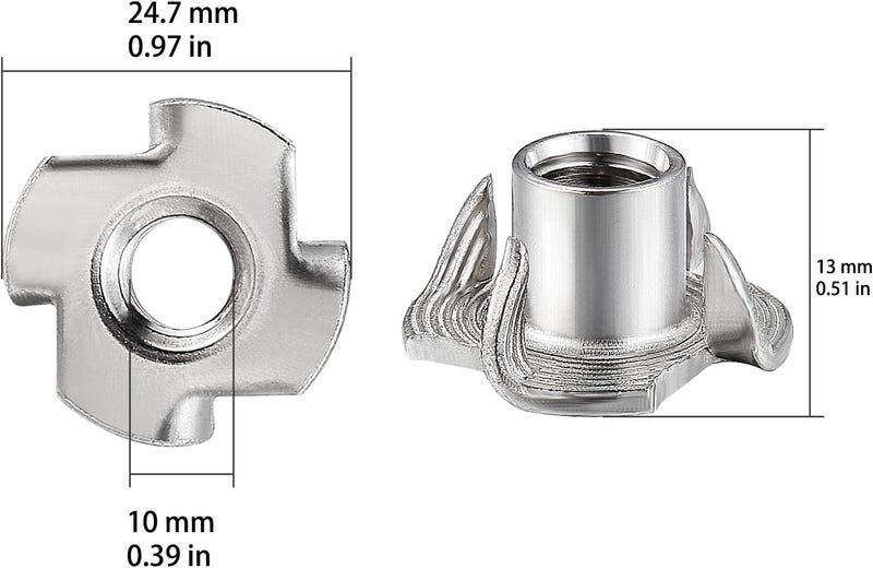 Wensilon Store 50pcs M10x13 T-nut 304 Stainless Steel Four-jaw - for Home, Hotel Outdoor Threaded Insertion - Image 2