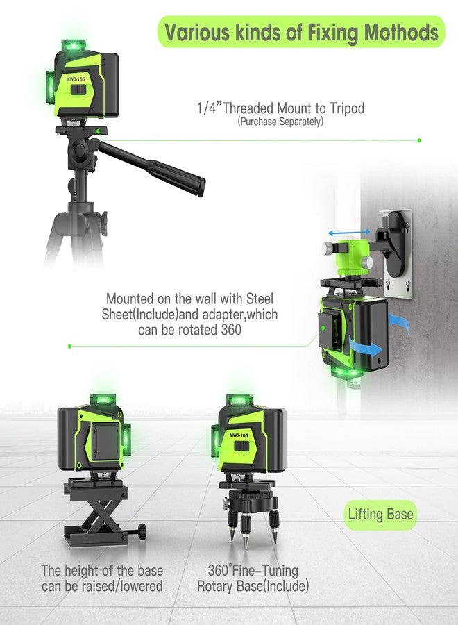 MBYULO 16 Line Laser Level 360 Self Leveling, 4x360°Professional 4D Green Cross Line laser Level with 2 Batteries, Adjustable Brightness & Remote Control, for Tiling Floor Construction and Picture Hanging - Image 4