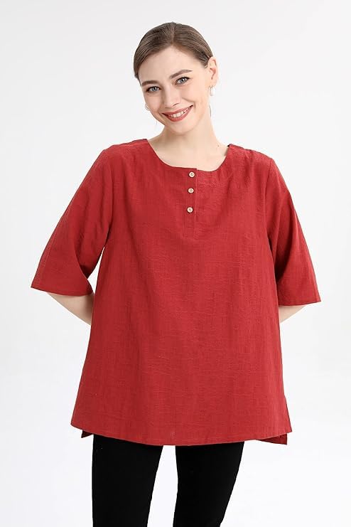 Minibee Women's 3/4 Sleeve Cotton Linen Jacquard Blouses Top T-Shirt (XL, Red) - Image 2