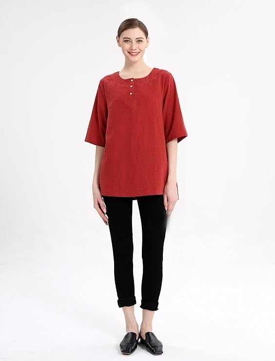 Minibee Women's 3/4 Sleeve Cotton Linen Jacquard Blouses Top T-Shirt (XL, Red) - Image 4