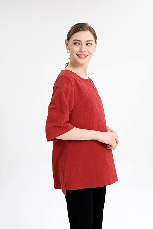 Minibee Women's 3/4 Sleeve Cotton Linen Jacquard Blouses Top T-Shirt (XL, Red) - Image 3
