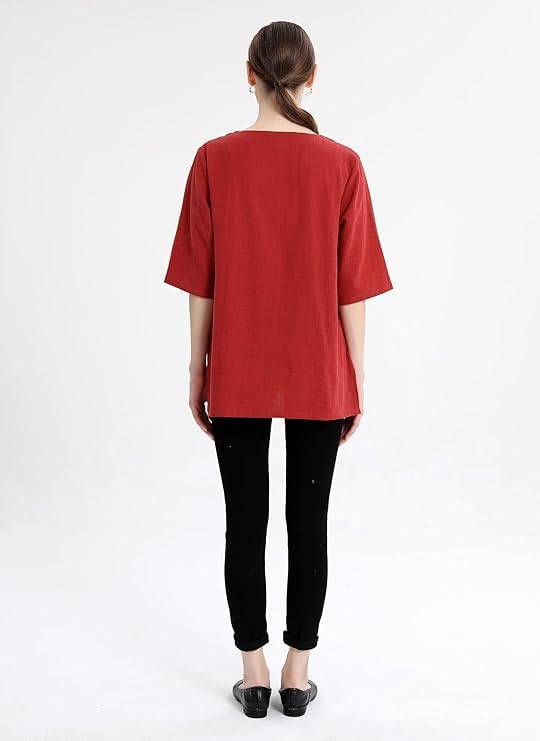 Minibee Women's 3/4 Sleeve Cotton Linen Jacquard Blouses Top T-Shirt (XL, Red) - Image 5