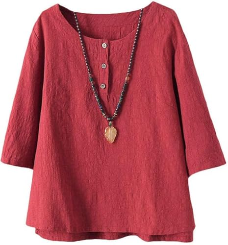 Minibee Women's 3/4 Sleeve Cotton Linen Jacquard Blouses Top T-Shirt (XL, Red) - Image 1
