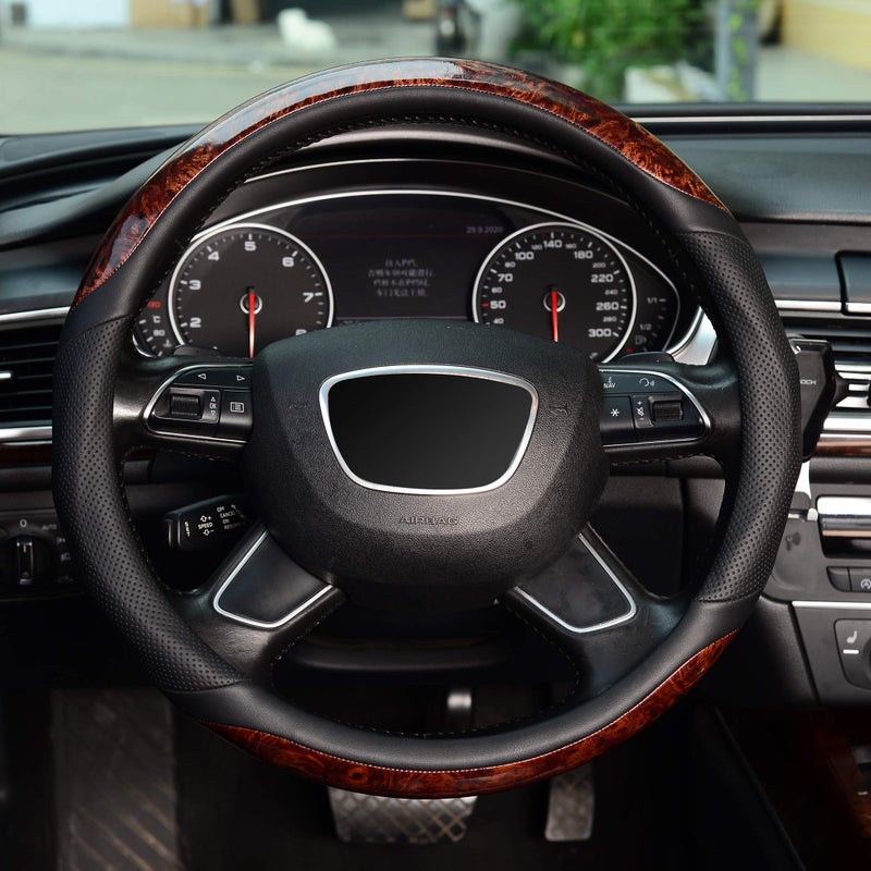 KAFEEK 16 inch Wood Grain Steering Wheel Cover, Compatible for F150 F250 F350 Ram 4Runner Tacoma Tundra Range Rover - Image 2