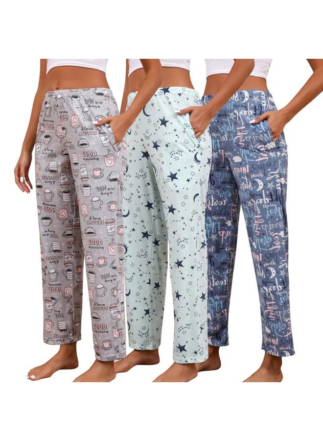 PNAEONG Pajama Pants Women 3 Pack Soft Cotton Lounge Pants Comfy Casual Pajama Bottoms with Elastic Waistband & Pockets, Set 1, XXL - Image 1