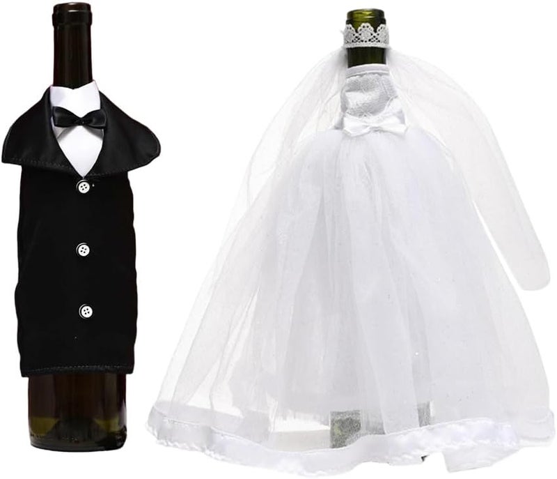 HANSAMU Bride Groom Wine Bottle Covers Wedding Party Table Decorations White Tulle Dress Black Tuxedo Dress Wine Bottle for Bridal Shower Decor Accessories  - Image 1