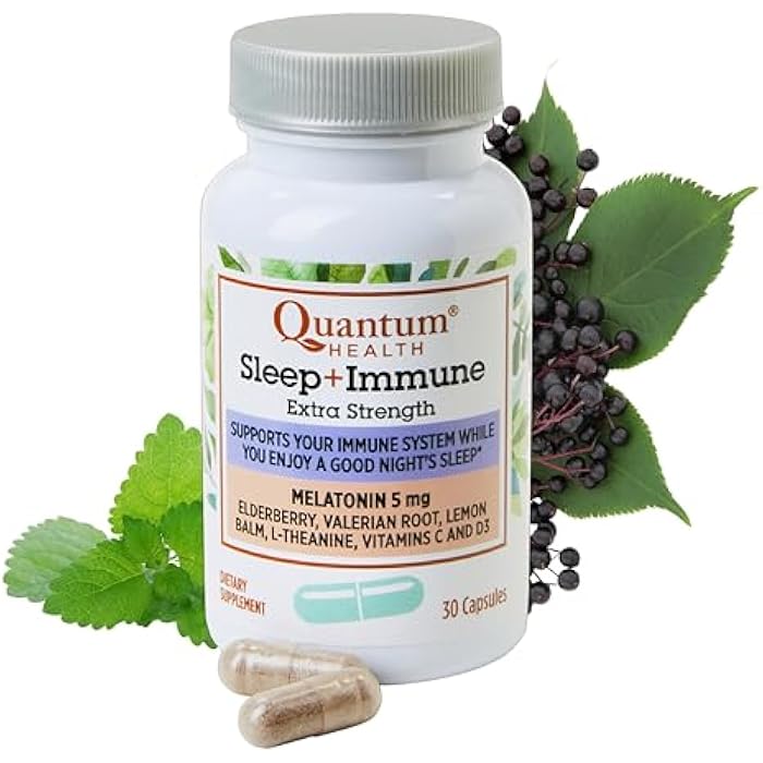Quantum Health Sleep Immune Melatonin 5mg Support Supplement L Theanine Valerian Root + Elderberry Vitamin C & D Immunity Boost Daily Whole Body Wellness for Women & Men - 30 Capsules - Image 1