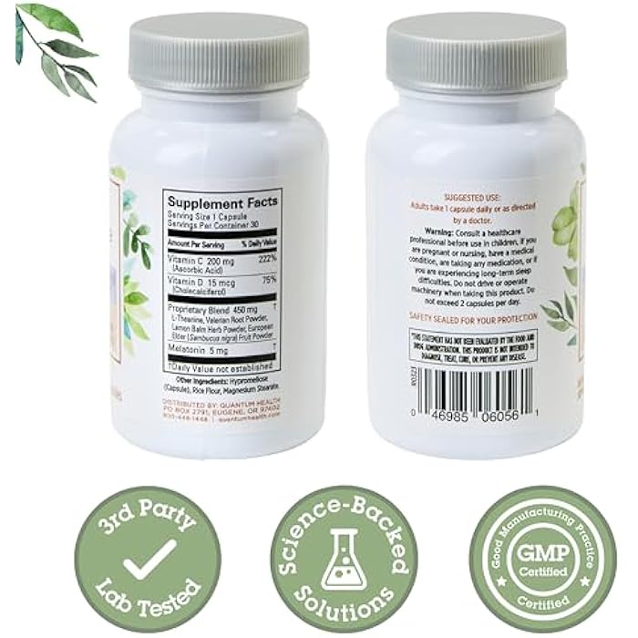 Quantum Health Sleep Immune Melatonin 5mg Support Supplement L Theanine Valerian Root + Elderberry Vitamin C & D Immunity Boost Daily Whole Body Wellness for Women & Men - 30 Capsules - Image 2