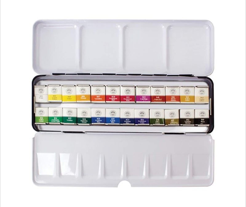 Mungyo Professional Half Pan Size Water Colors Set in Tin CaseIntegral Mixing Palette in The lid 24 Colors