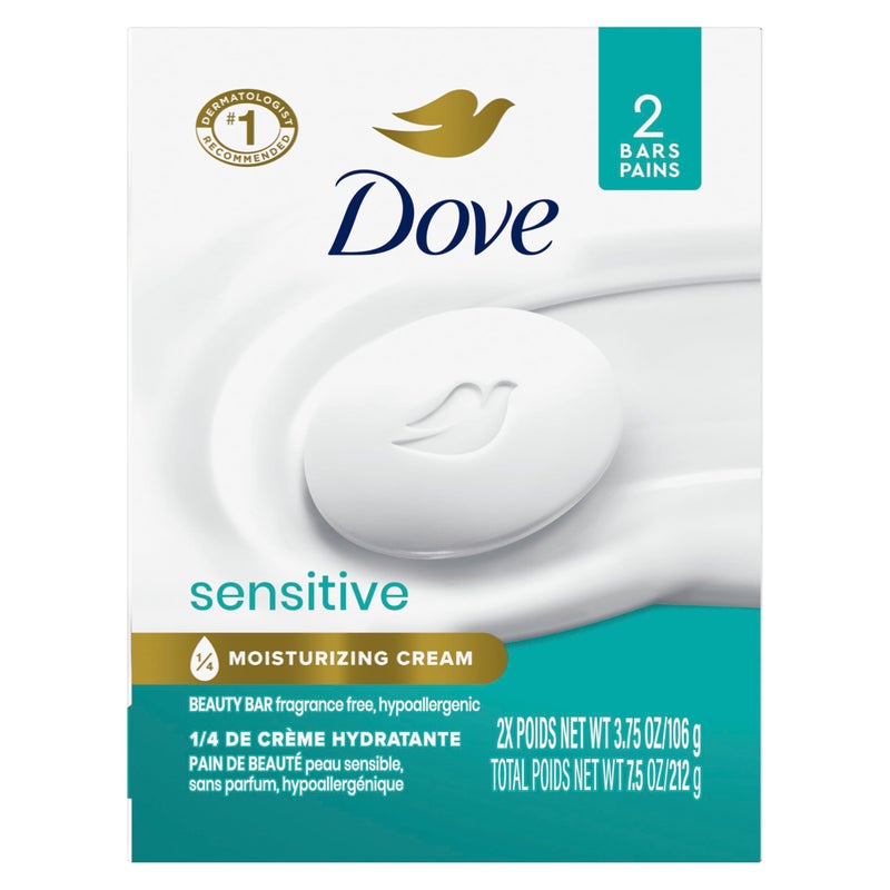 Dove Beauty Bar Soap Sensitive 2 Count for Sensitive Skin, Fragrance Free and Hypoallergenic 3.75 oz - Image 1