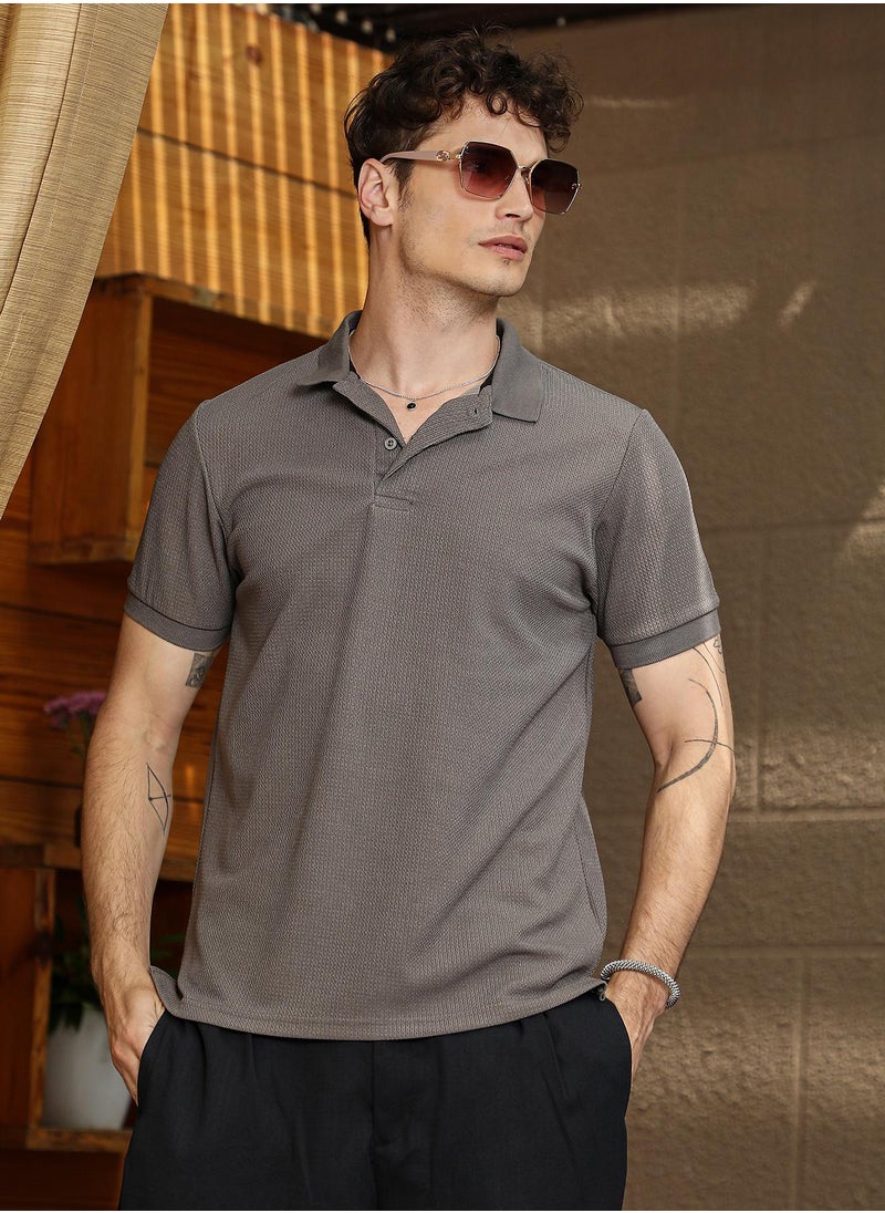 Campus Sutra Men's Ash Brown Chainlink-Ribbed Polo T-Shirt  - Image 1