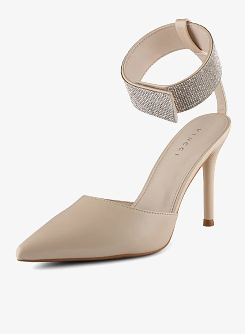 فينتشي صنادل نسائية مدببة بحزام الكاحل كعب متوسط