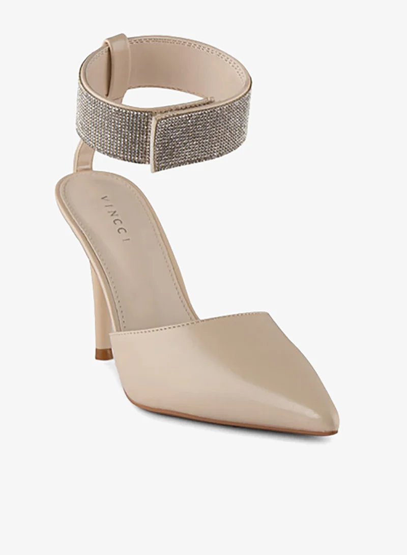 فينتشي صنادل نسائية مدببة بحزام الكاحل كعب متوسط